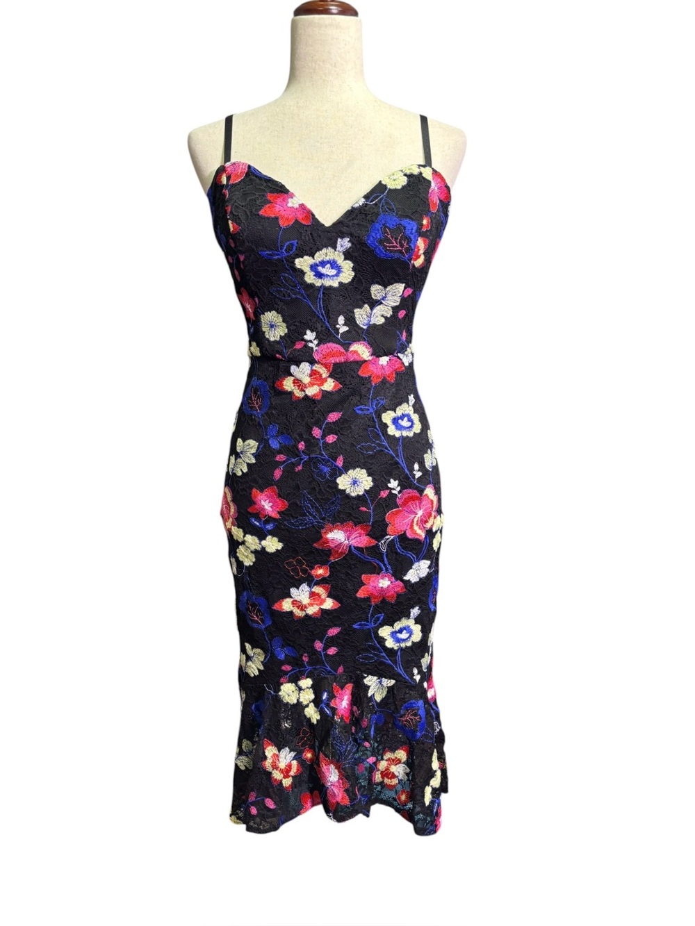 Guess Embroidered Floral Lace Midi Dress Black Pink Blue Size 12